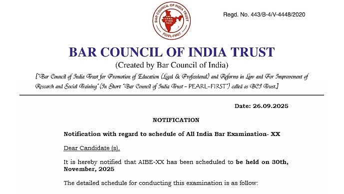 AIBE 20 Notification 2025 Out At allindiabarexamination.com; Registration Starts September 29, Exam On November 30