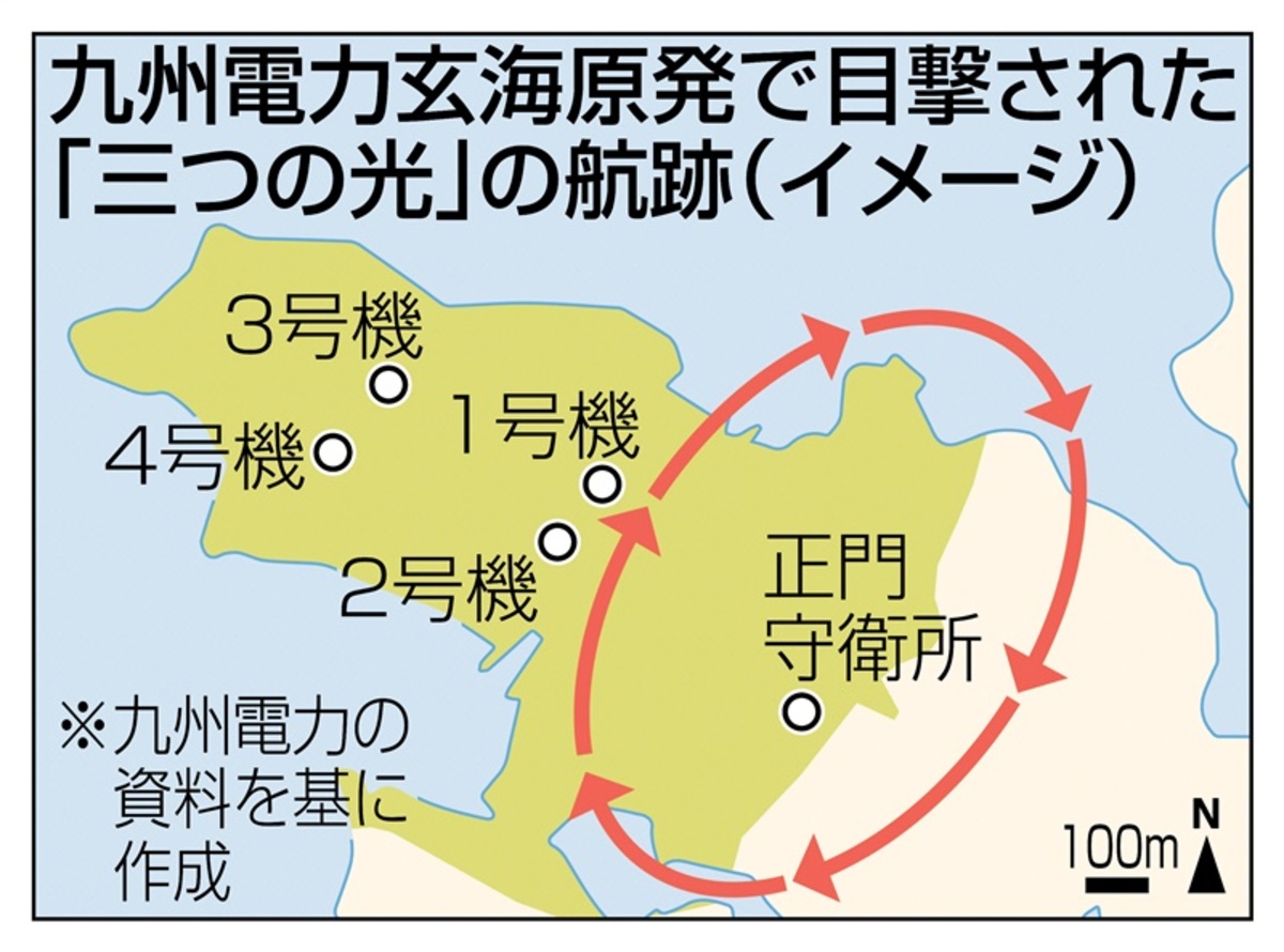 玄海原発で目撃の「三つの光」楕円旋回し原子炉に接近　飛行ルート記した地図